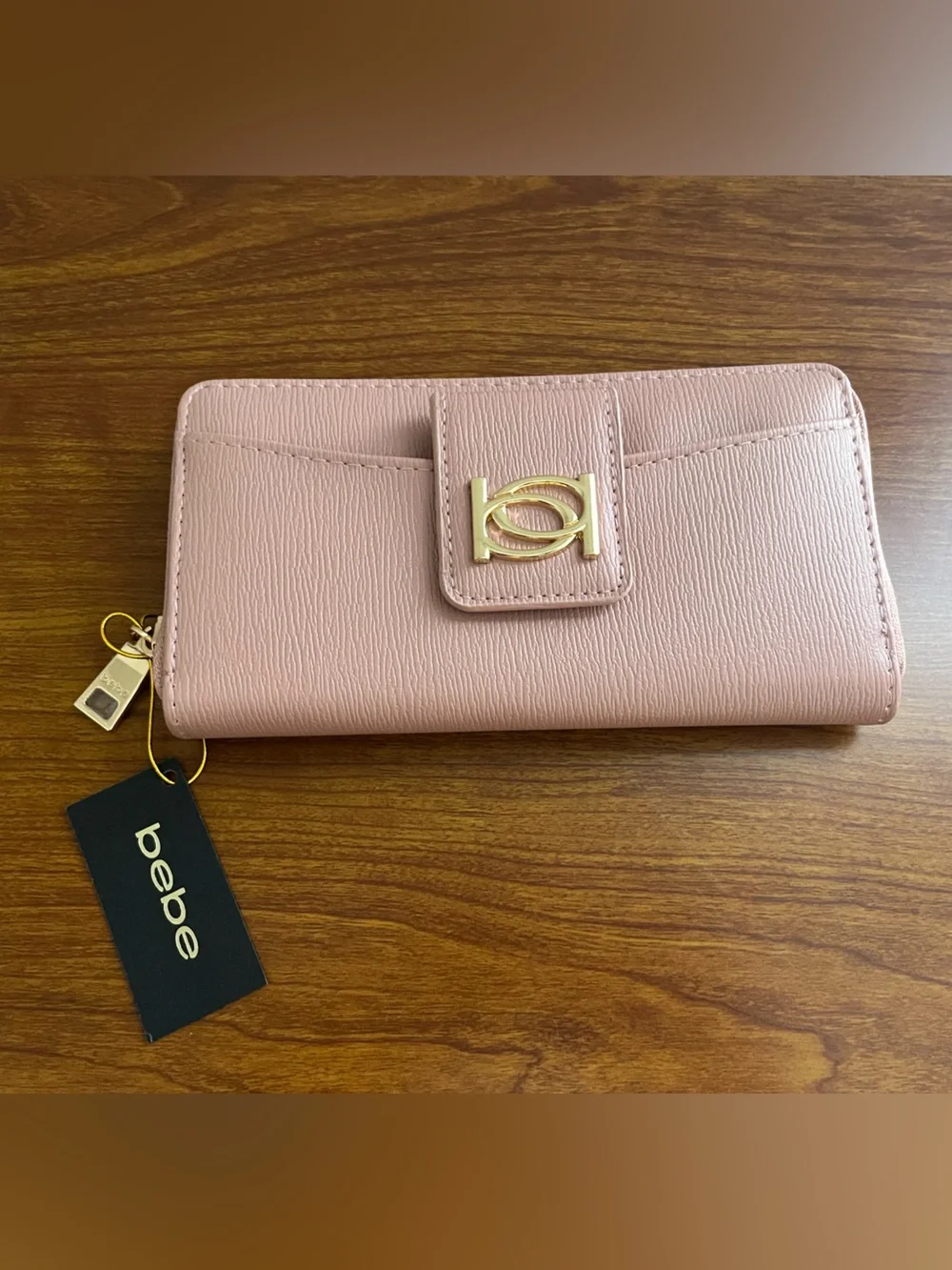 NWT BEBE Lupe Blush Pink Zip Around Wallet Gold Tone Hardware Faux Vegan Leather